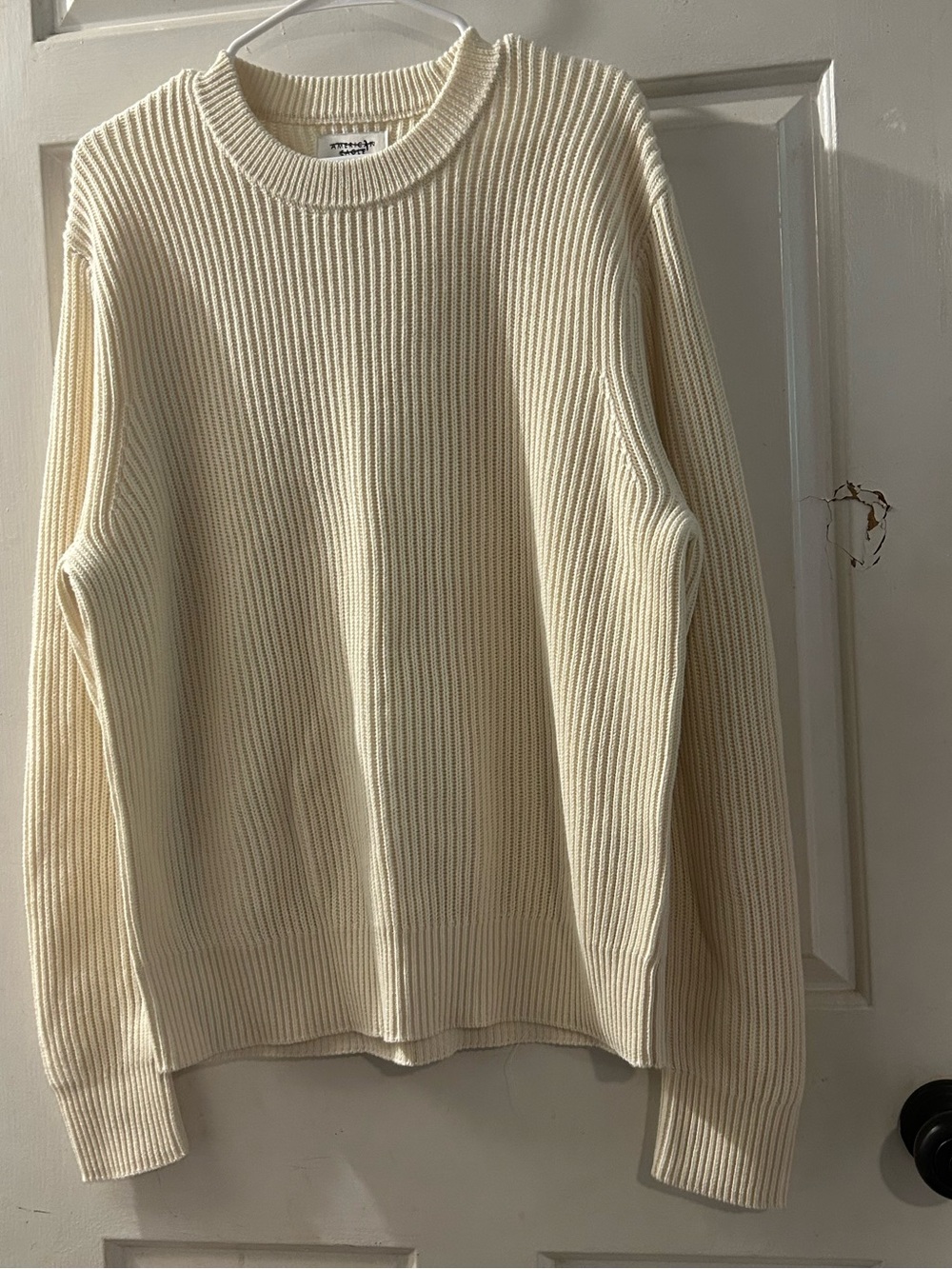 American Eagle Outfitters Men's Ivory Ribbed Crewneck Sweater